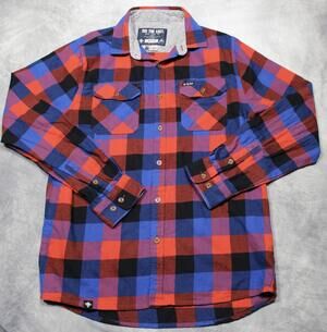 Ski The East Shirt Mens Medium Red Blue Plaid Flannel Long Sleeve Button Front
